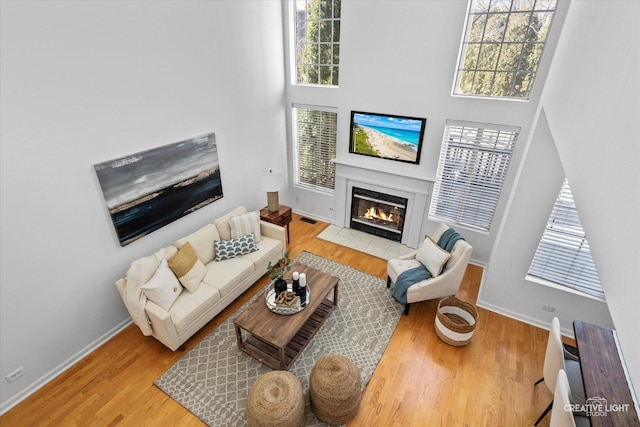 living area with a fireplace with flush hearth, wood finished floors, and a wealth of natural light