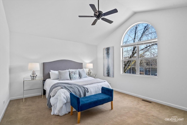 bedroom featuring visible vents, baseboards, high vaulted ceiling, and carpet flooring