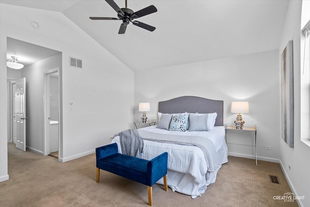 carpeted bedroom with lofted ceiling, baseboards, and visible vents