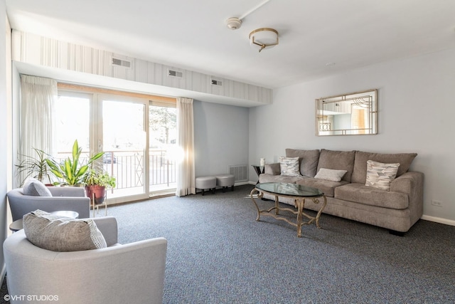 carpeted living room featuring baseboards and visible vents