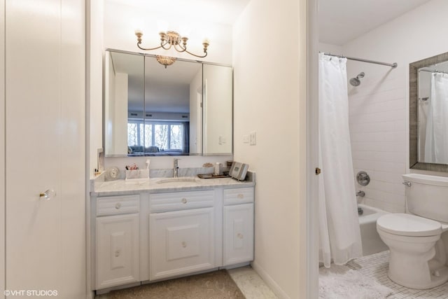 bathroom with tile patterned floors, shower / bathtub combination with curtain, toilet, and vanity