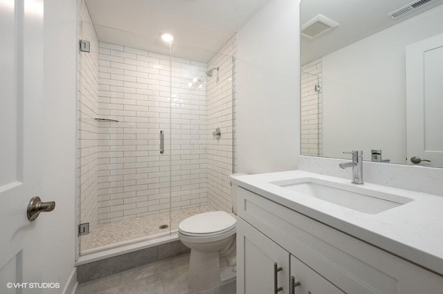 full bath with a stall shower, visible vents, vanity, and toilet