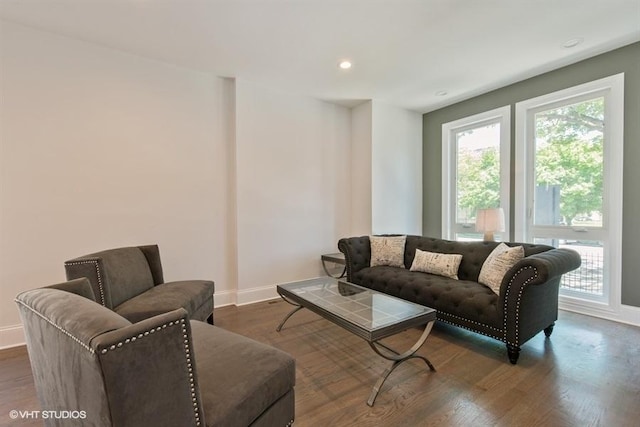 living area featuring recessed lighting, wood finished floors, and baseboards