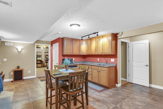 kitchen with visible vents, a textured ceiling, baseboards, and a sink