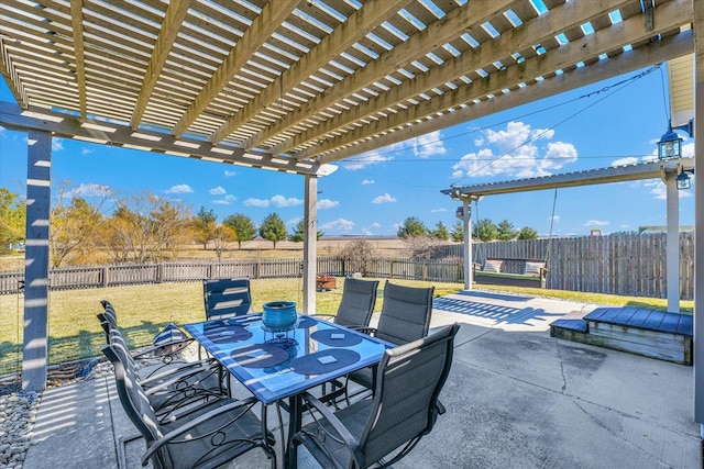 view of patio featuring outdoor dining area, a fenced backyard, and a pergola