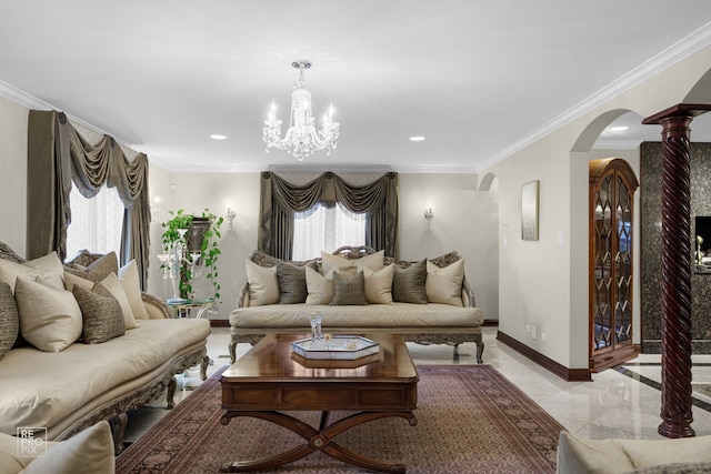 living room with arched walkways, baseboards, and recessed lighting