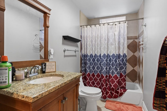 full bath featuring shower / bath combination with curtain, vanity, and toilet