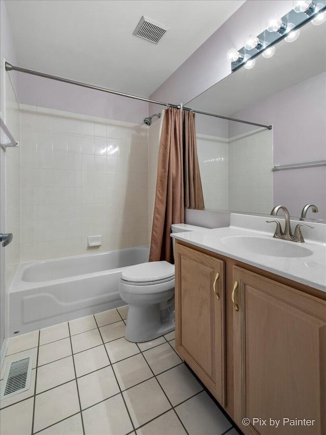 bathroom featuring tile patterned floors, shower / bath combination with curtain, toilet, and visible vents