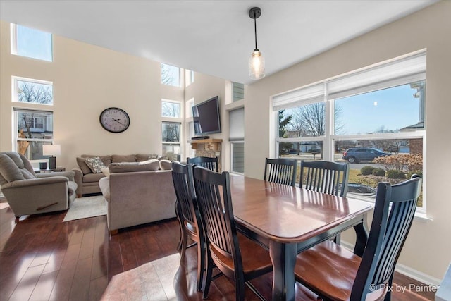 dining room with baseboards, plenty of natural light, dark wood finished floors, and a fireplace