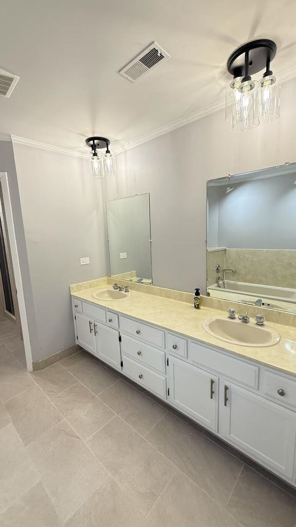 bathroom featuring crown molding, visible vents, and a sink