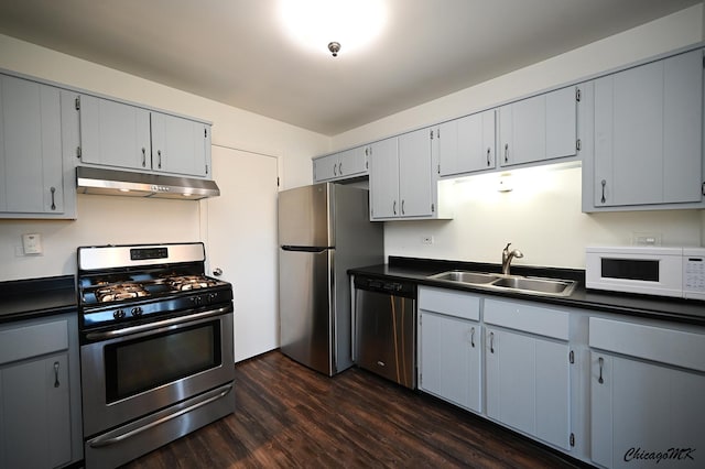 kitchen featuring dark countertops, under cabinet range hood, stainless steel appliances, and a sink