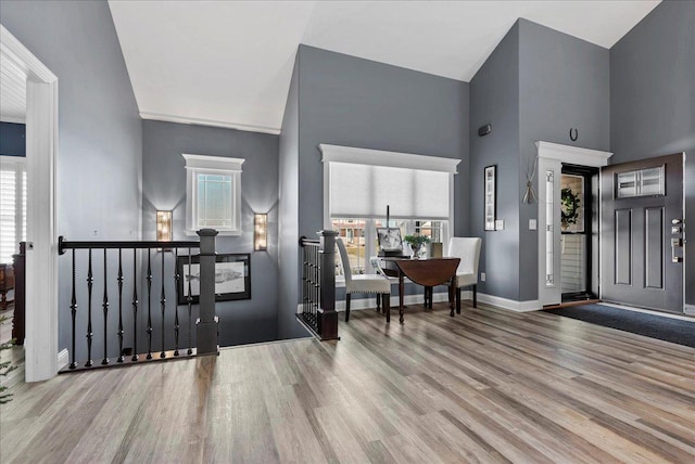 entrance foyer featuring a healthy amount of sunlight, a high ceiling, baseboards, and wood finished floors