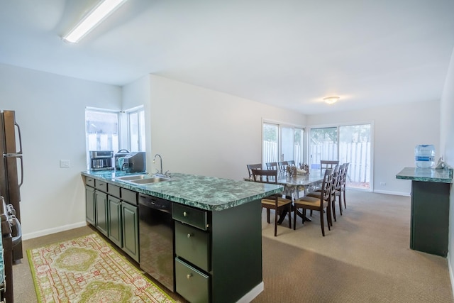 kitchen featuring black dishwasher, a wealth of natural light, light carpet, a sink, and a peninsula