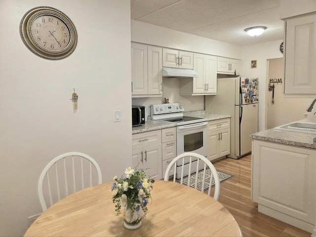 kitchen with white appliances, light wood-style flooring, light countertops, under cabinet range hood, and a sink