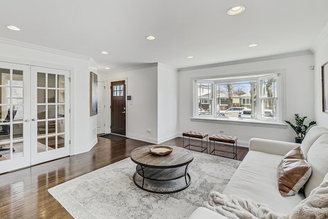 living room with wood finished floors, recessed lighting, french doors, and baseboards