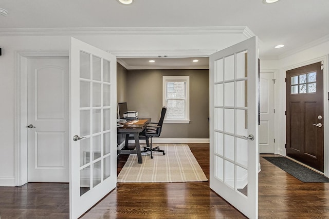 office with baseboards, ornamental molding, recessed lighting, french doors, and wood finished floors