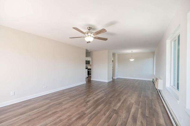 unfurnished living room featuring baseboards, a ceiling fan, a baseboard heating unit, and dark wood-type flooring