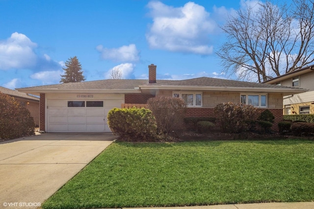 single story home featuring brick siding, a chimney, a garage, and a front yard