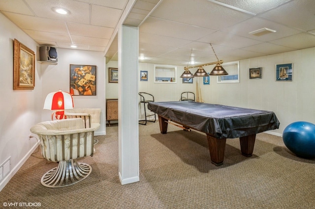 playroom with pool table, a drop ceiling, baseboards, and carpet floors