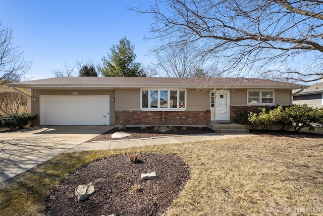 single story home featuring brick siding, concrete driveway, and a garage