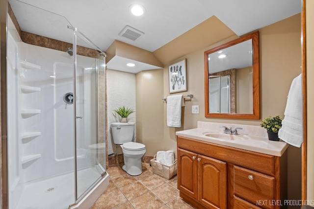 full bathroom with tile patterned flooring, visible vents, a shower stall, toilet, and vanity