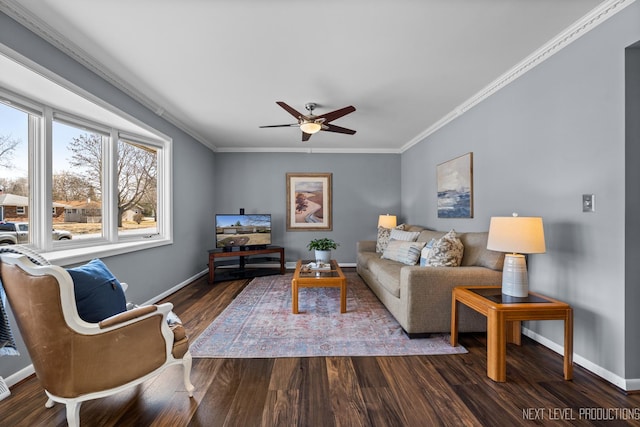 living area featuring baseboards, dark wood-style floors, and ornamental molding