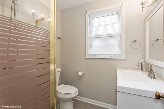 6118 N Kimball Ave, Chicago, IL 60659 - full bath with vanity, tile patterned flooring, toilet, baseboards, and a shower with shower door
