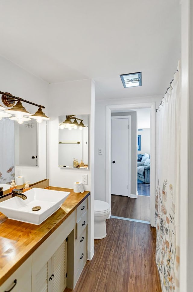 bathroom featuring vanity, wood finished floors, and toilet