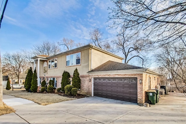 view of front of property with a garage, brick siding, driveway, roof with shingles, and stucco siding