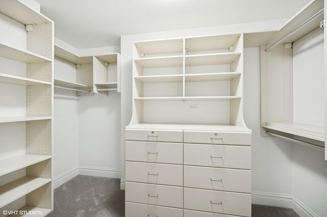 walk in closet with dark colored carpet