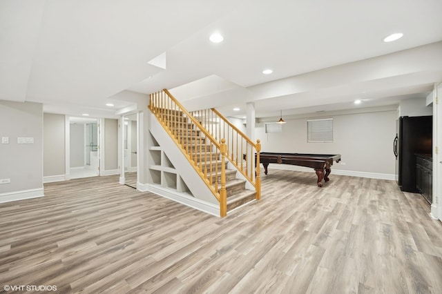 rec room with light wood finished floors, recessed lighting, billiards, and baseboards