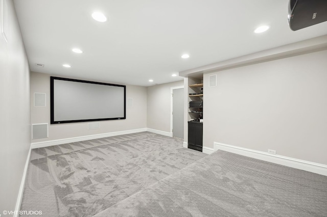 cinema featuring carpet floors, recessed lighting, visible vents, and baseboards