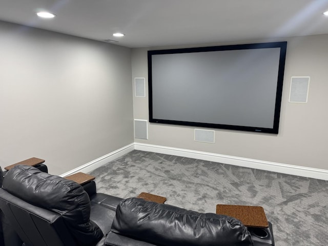 cinema with carpet, visible vents, baseboards, and recessed lighting