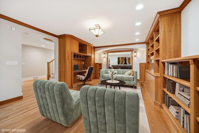 sitting room with recessed lighting, baseboards, stairway, light wood finished floors, and crown molding