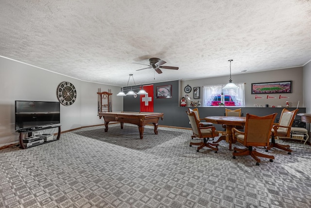 carpeted dining space featuring a textured ceiling, billiards, and baseboards