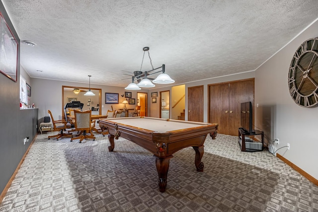 game room featuring carpet, billiards, a textured ceiling, and baseboards