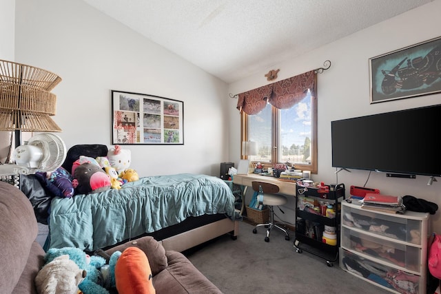 bedroom with lofted ceiling, carpet floors, and a textured ceiling