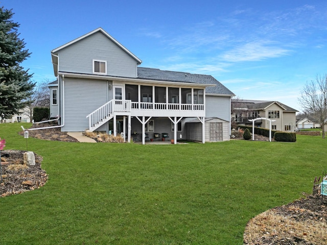 back of property with a sunroom and a lawn