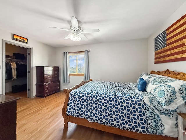 bedroom with a spacious closet, light wood finished floors, a closet, and a ceiling fan