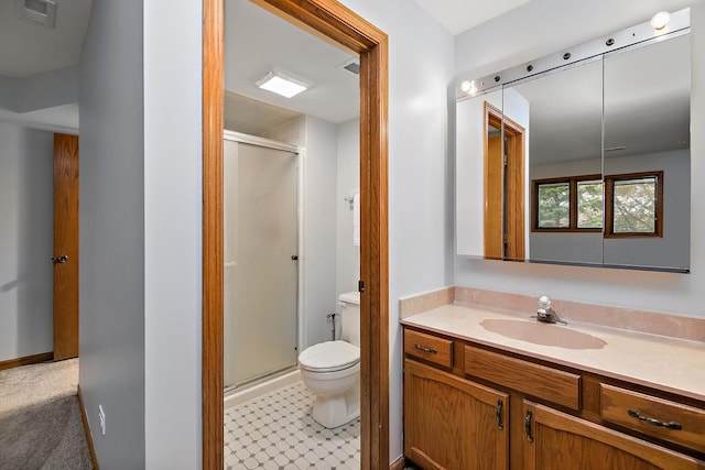 full bathroom with visible vents, a shower stall, toilet, and vanity