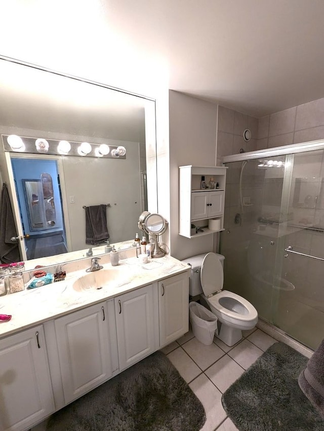 full bath featuring a shower stall, vanity, and tile patterned floors