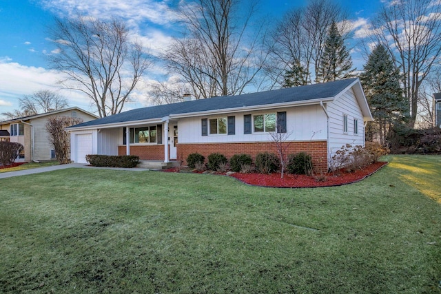 single story home with a front lawn, a garage, brick siding, and a chimney