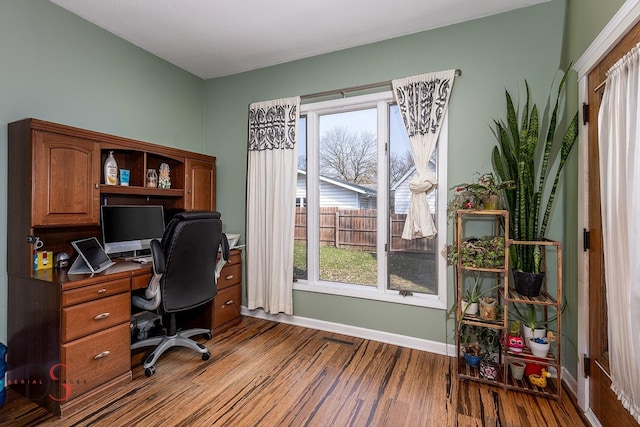 office with baseboards, a healthy amount of sunlight, and wood finished floors