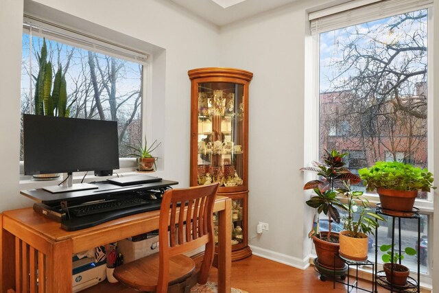 office space with a wealth of natural light, baseboards, and wood finished floors