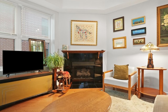 living area featuring wood finished floors and a tile fireplace