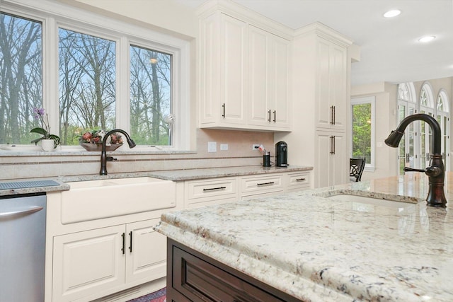 11735 Orchard St, Willow Springs, IL 60480 - kitchen with light stone countertops, dishwasher, a sink, and recessed lighting