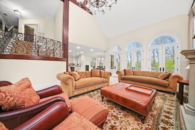 11735 Orchard St, Willow Springs, IL 60480 - living room featuring high vaulted ceiling, an inviting chandelier, french doors, and a wealth of natural light