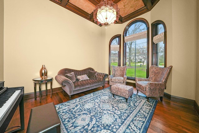 11735 Orchard St, Willow Springs, IL 60480 - sitting room with wood-type flooring, coffered ceiling, baseboards, and an inviting chandelier