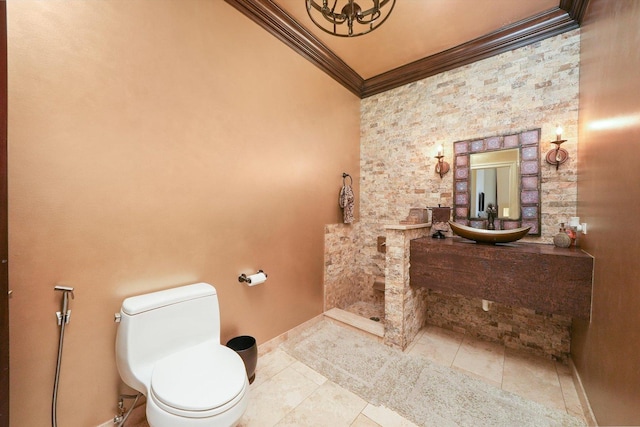 11735 Orchard St, Willow Springs, IL 60480 - bathroom featuring toilet, baseboards, an inviting chandelier, vanity, and ornamental molding