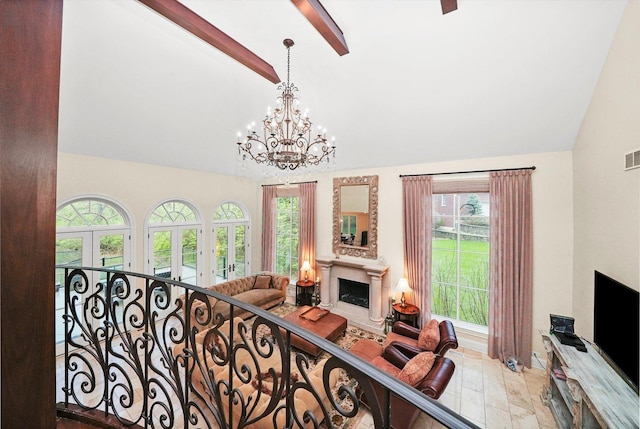 11735 Orchard St, Willow Springs, IL 60480 - living room featuring beamed ceiling, plenty of natural light, visible vents, and a fireplace